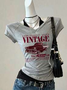 Camiseta de mujer casual de cuello en V retro, con atar, de manga corta y contraste de color, adecuada para el verano - Gris Claro 2 - Ver 3