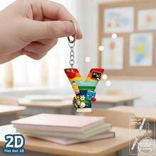 1pc 2D Flat Acrylic Alphabet Keychain, Rainbow Letter Key Ring With School Theme Decor, Personalized Initial Bag Charm, - Multicolor - View 15
