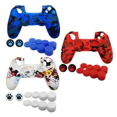 Compatibil cu PlayStation4, 1 buc. skin pentru controller cu model imprimat prin transfer pe apă + set de 10 buc. capace pentru joystick, anti-alunecare, anti-zgârieturi, anti-transpirație, pentru o senzație îmbunătățită de control în jocuri