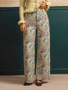 Pantalones anchos de cintura alta con estampado floral jacquard de estilo vintage para otoño e invierno - Multicolor - Ver 8