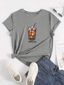 Women's  Printed T-Shirt Spring Summer Casual Loose Round Neck Short Sleeve - 灰色的 - 查看 6
