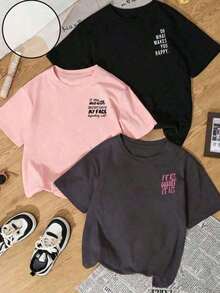 1 Piece New Women's Short-Sleeved T-Shirts With A Round Neck, Loose Fit, And A Cute, Casual Design. Fashionable Clothing For Everyday Wear And Holidays. Suitable For Valentine's Day, Back To School, Teacher's Day, And Other Festivities. Soft, Loose, And Comfortable Short-Sleeved Casual T-Shirts With A Letter Print For Everyday Wear. - 黑色 - 查看 1