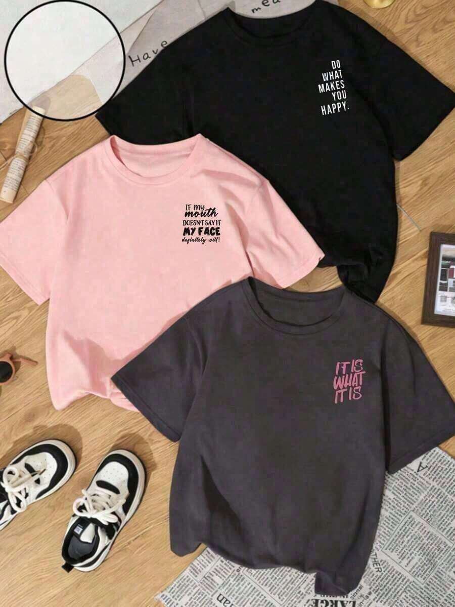 1 Piece New Women's Short-Sleeved T-Shirts With A Round Neck, Loose Fit, And A Cute, Casual Design. Fashionable Clothing For Everyday Wear And Holidays. Suitable For Valentine's Day, Back To School, Teacher's Day, And Other Festivities. Soft, Loose, And Comfortable Short-Sleeved Casual T-Shirts With A Letter Print For Everyday Wear. - 黑色 - 查看 1