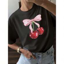YOCASA Camiseta Casual de Verano para Mujer, con Cuello Redondo, Ajustada y Manga Corta, con Estampado de Pintura al Óleo, Floral, Corazón, Cereza y Patrones de Letras. Tejido Casual Simple, Estilo Deportivo, Ideal para Uso Diario y Citas de San Valentín. - [Negro] - Ver 1