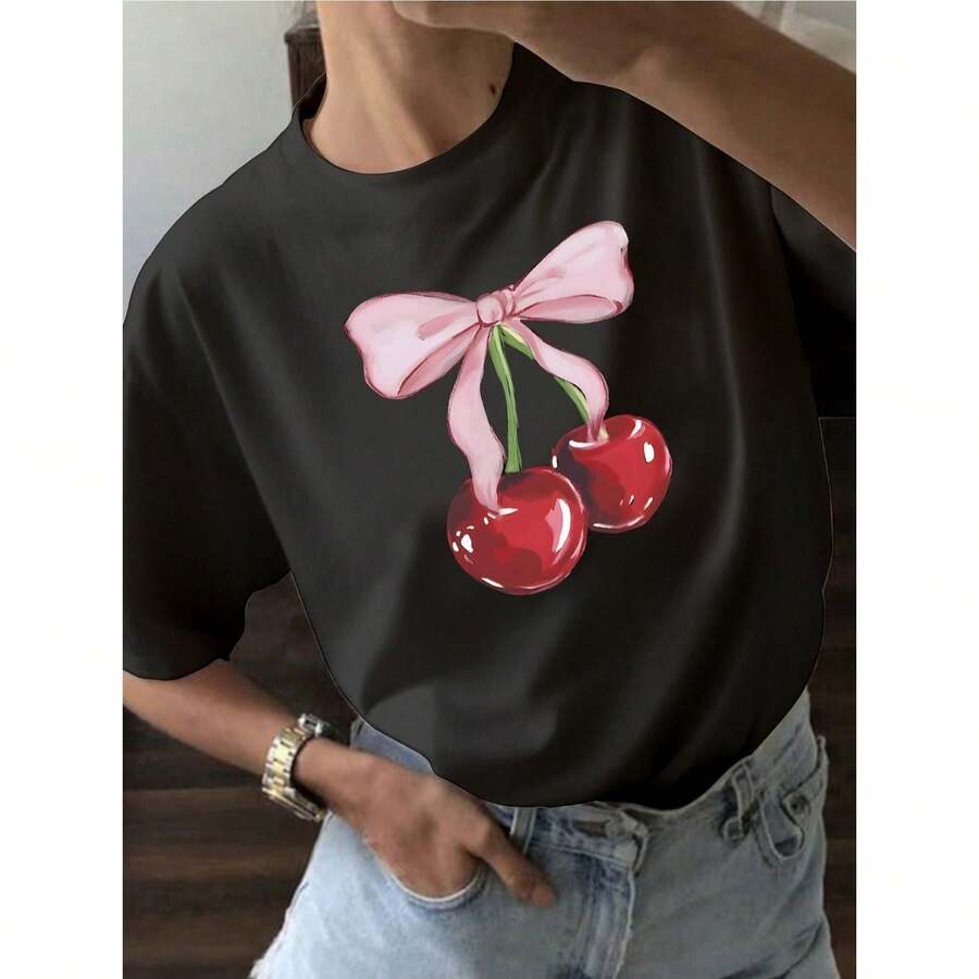 YOCASA Camiseta Casual de Verano para Mujer, con Cuello Redondo, Ajustada y Manga Corta, con Estampado de Pintura al Óleo, Floral, Corazón, Cereza y Patrones de Letras. Tejido Casual Simple, Estilo Deportivo, Ideal para Uso Diario y Citas de San Valentín. - [Negro] - Ver 1