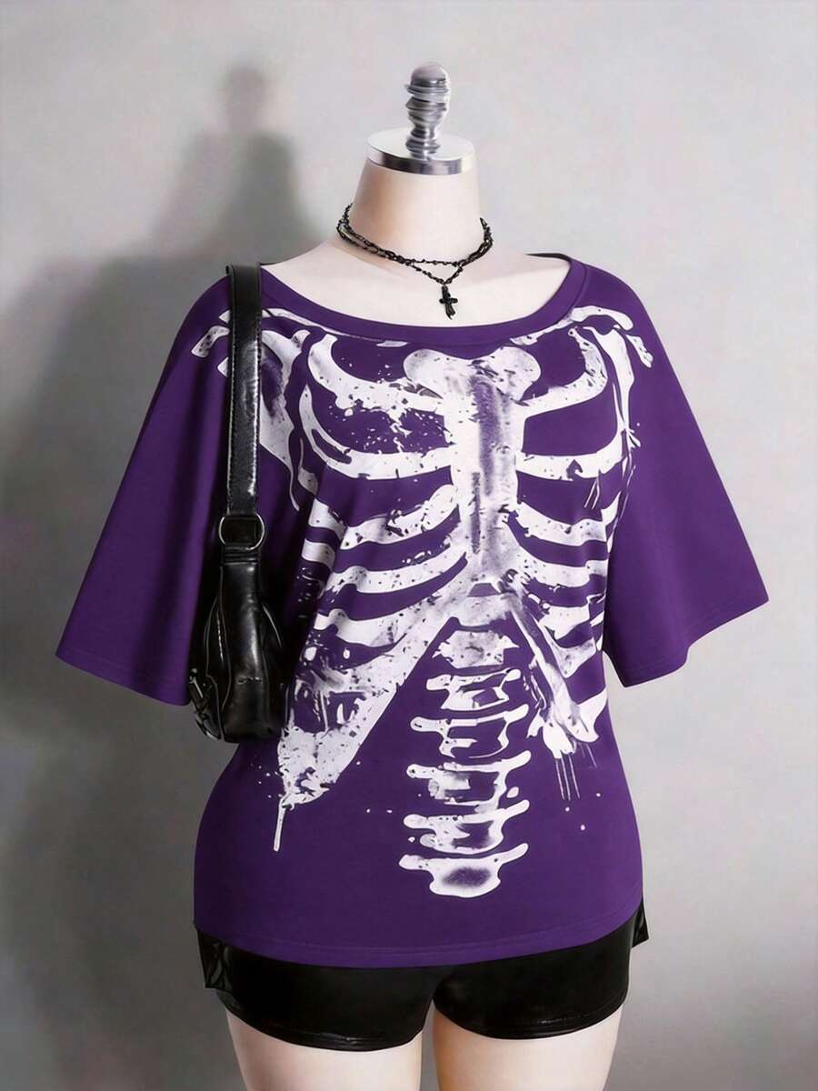 2026 Summer Collection,ICON Women's Plus Size Autumn/Winter Warm Retro Distressed Sexy Fashion Avant-Garde Bold Street Style Millennial Y2K Dark Gothic Punk Skull Rose Pattern Loose T-Shirt Gothic Summer Clothes Gothic Clothing For Women,Sizes 3–7XL, Free Shipping, Within 24 Hours - Màu tím - Xem 1