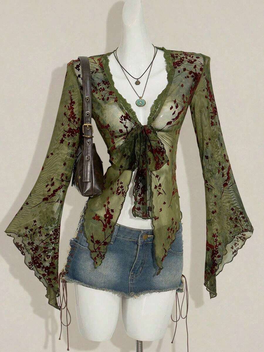 ICON Cárdigan transparente con mangas acampanadas y bajo asimétrico con estampado vintage para mujeres - Verde - Ver 1