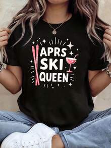 Camiseta casual de manga corta y cuello redondo para mujer con estampado temático 'APRÈS SKI QUEEN' para fiestas de après-ski, perfecta para uso diario y como regalo en primavera y verano. - Negro - Ver 1