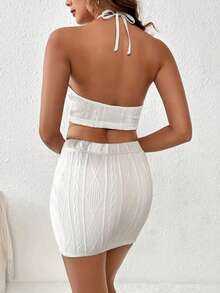 Solid Color Halter Backless Top And Bodycon Skirt Set - White - View 2