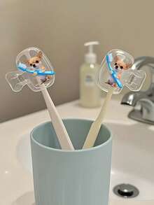 Support de brosse à dents portable avec motif mignon de Chihuahua tenant une brosse à dents bleue, ensemble combiné, couvercle de protection pour support de brosse à dents à domicile, étui de brosse à dents portable, boîte de rangement de brosse à dents de voyage, clip de protection de tête de brosse à dents portable, clip de rangement de brosse à dents, protecteur de brosse à dents anti-poussière pour la maison et les voyages, convient pour une utilisation à la maison et en voyage, clip de rangement de brosse à dents de voyage, protégez votre brosse à dents propre et prenez soin de votre santé bucco-dentaire - A - Voir 2