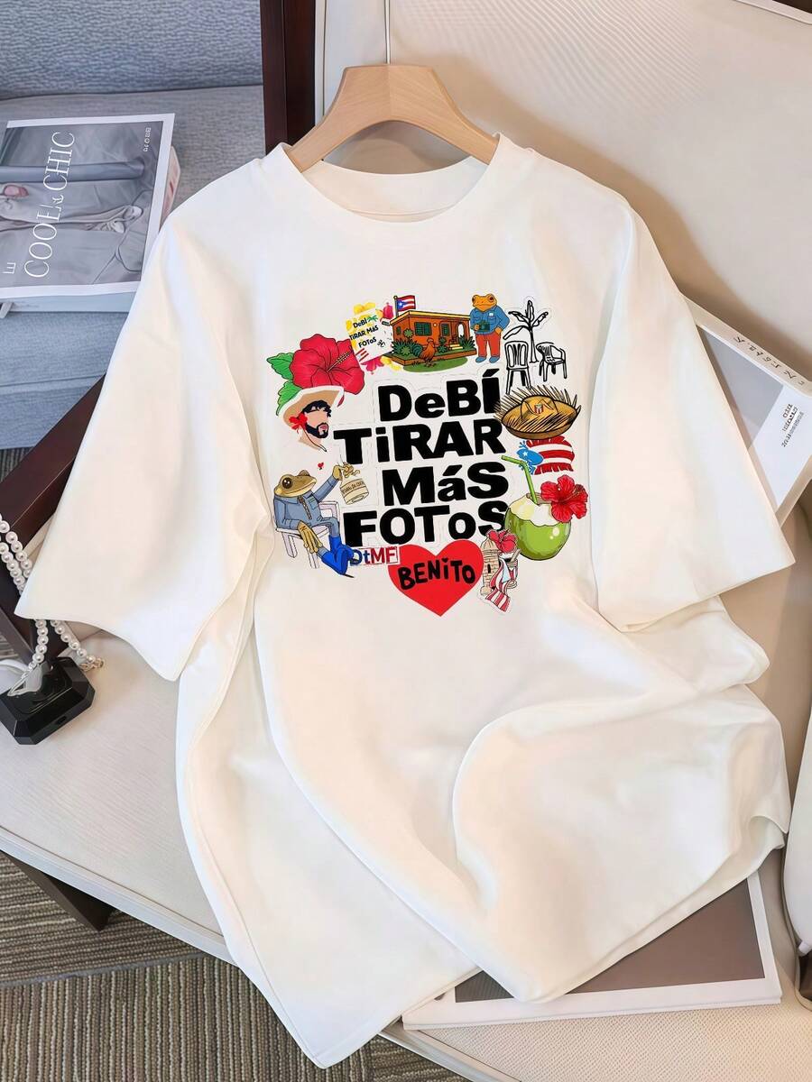 2026 T-Shirt, Bad Bunnys Debi Tirar Mas Fotos Doodle Collage Graphic T-Shirt, Casual Oversized Reggaeton Fan T-Shirt, Retro K-Pop Idol Bootleg Style Oversized T-Shirt, Vintage Graphic Print T-Shirt, Casual Short-Sleeved Top, K-Pop Fan Merchandise, Black Streetwear Fan T-Shirt, Vintage K-Pop Star Graphic T-Shirt, Oversized Short-Sleeved T-Shirt With Retro Letter Print, Casual Black Crew Neck Top, Streetwear Style Idol Fan Gift, Comfortable Loose-Fit Cotton Blend T-Shirt For Women And Men. - White - View 1