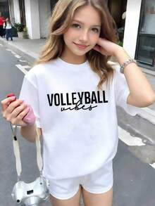 Ropa para Niñas Adolescentes, Camiseta con Estampado Deportivo y Casual con las Palabras "VOLLEYBALL Vibes", Diseño Interesante, 100% Transpirable, Camiseta de Manga Corta de 180g, Lavable a Máquina, Estilo Casual, Adecuada para Niñas, Casual, Cómoda, Moderna y para Todas las Temporadas, Camiseta Divertida y Juvenil, Una Camiseta Moderna para Niños y Niñas. - Blanco - Ver 8