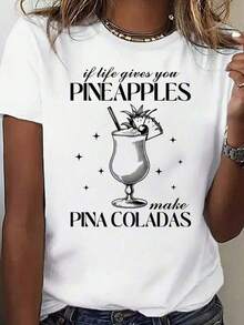 1 pieza de camiseta casual para mujer con estampado gráfico: "Si la vida te da piñas, haz piña coladas". Camiseta de manga corta, cuello redondo, color negro, para verano. Camisetas para damas, 180g, 100% algodón. - Blanco - Ver 1