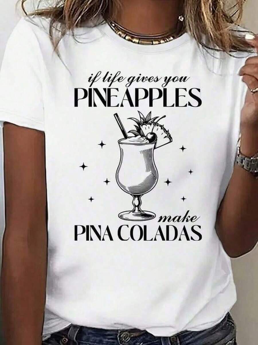 1 pieza de camiseta casual para mujer con estampado gráfico: "Si la vida te da piñas, haz piña coladas". Camiseta de manga corta, cuello redondo, color negro, para verano. Camisetas para damas, 180g, 100% algodón. - Blanco - Ver 1