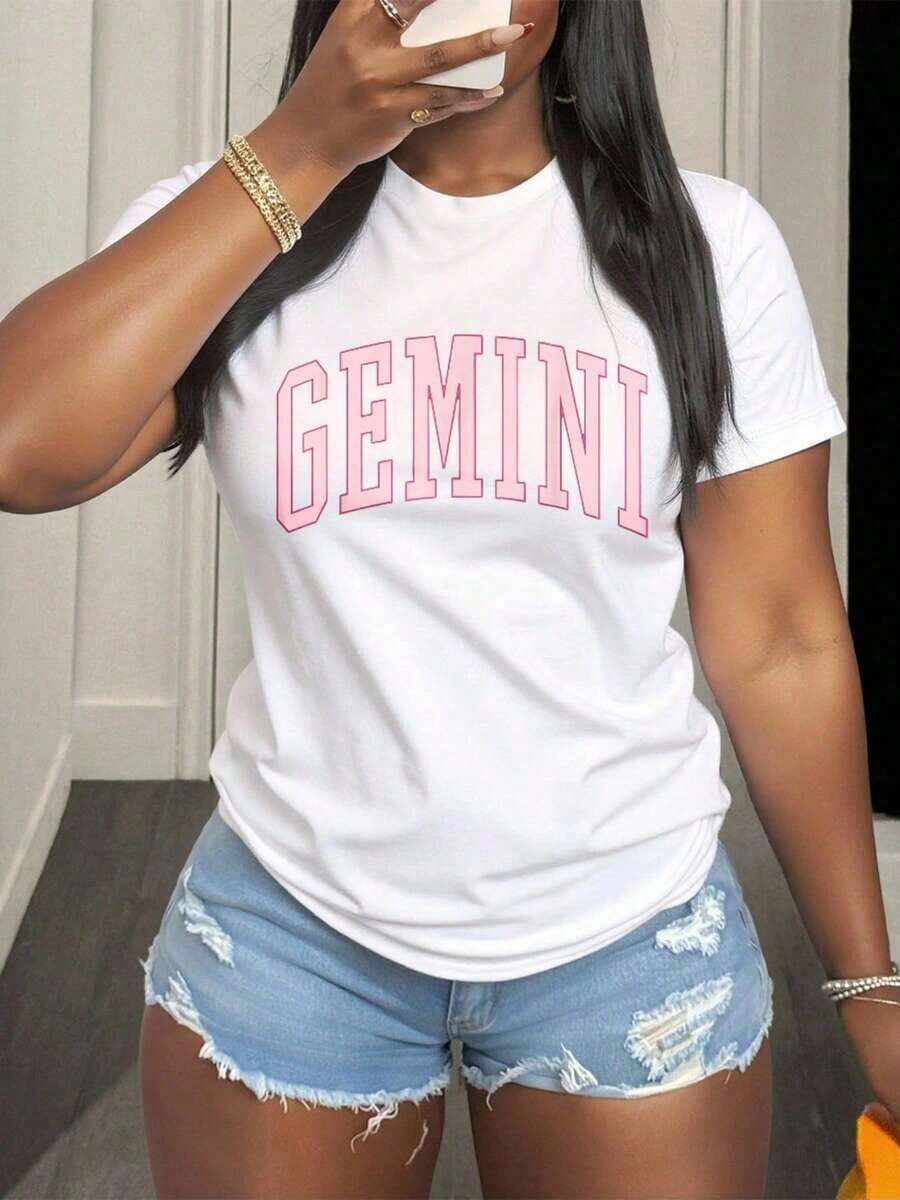 1 pieza de camiseta gráfica con el signo zodiacal Géminis para mujer, top casual de manga corta, ropa de verano, camisa de moda urbana, 220g180g 100% algodón. - Blanco - Ver 1