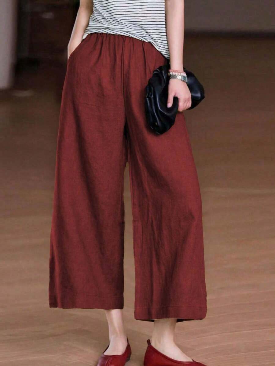 Pantalones anchos de lino con bolsillo y cintura elástica en estilo bohemio casual, para mujer, para verano y primavera - Rojo - Ver 1
