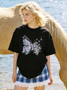 Women's Soft And Casual Short-Sleeved T-Shirt With A Round Neck, Featuring A Broken Butterfly Graphic Print, Suitable For Minimalist Everyday Wear. Black. - 黑色 - 查看 1