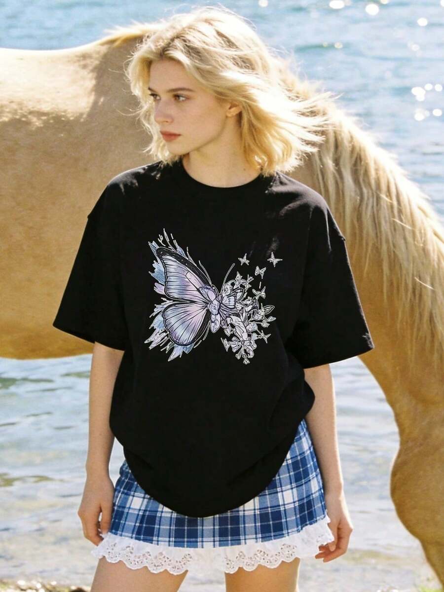 Women's Soft And Casual Short-Sleeved T-Shirt With A Round Neck, Featuring A Broken Butterfly Graphic Print, Suitable For Minimalist Everyday Wear. Black. - 黑色 - 查看 1
