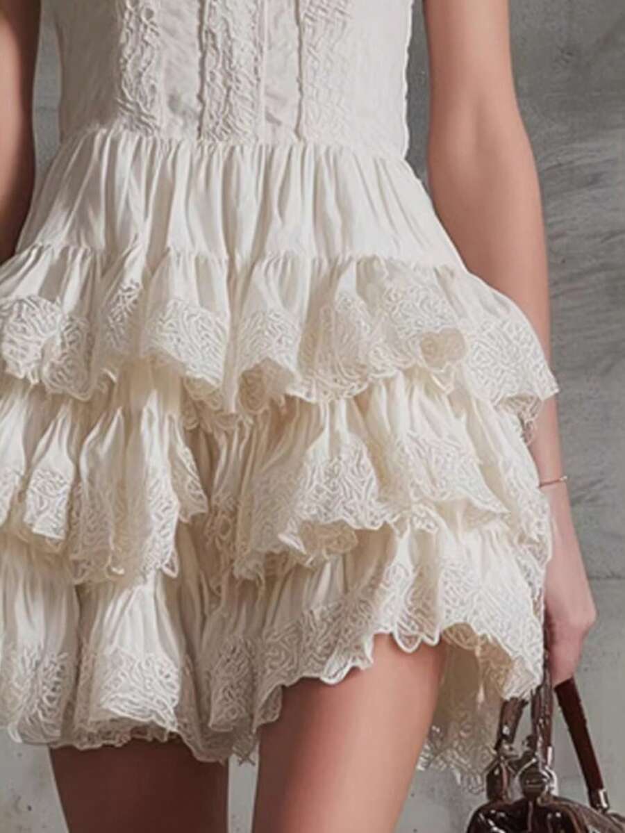Mini falda sin mangas con volantes de encaje de chiffon blanco retro - Blanco - Ver 1