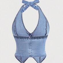 MOD Plus Size Summer Fashion Wash Oblique Pocket Halter Denim Blouse - Azul - Ver 3