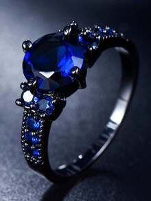 1pc Gothic-Style Black Round Cubic Zirconia Wedding Ring - Royal Blue - View 1