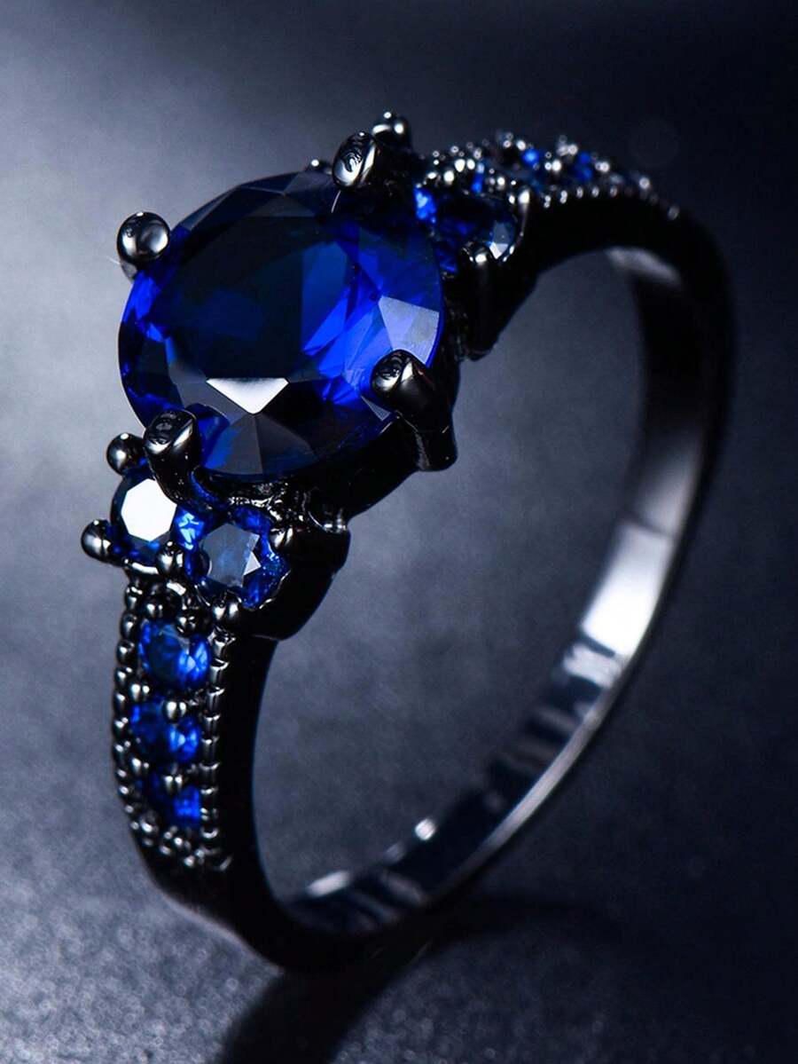 1pc Gothic-Style Black Round Cubic Zirconia Wedding Ring - Royal Blue - View 1