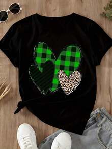 1 Piece Of Women's Casual T-Shirt, Leopard Heart Print, Black Stripes And Green Checks, Summer Top For Daily Wear, 180g, 100% Cotton. - 黑色 - 查看 4