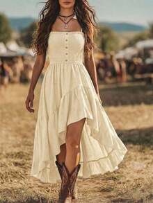 Vestido de mujer de longitud media con cintura ceñida, estilo bohemio casual de vacaciones, parte delantera corta y parte trasera larga - Verde militar - Ver 8