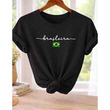 Brazilian Women's Yellow T-Shirt With Brazil Print - 100% Cotton - Casual - World Cup - National Team - 黑色 - 查看 2