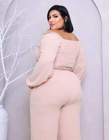 Plus Size Set: Off-The-Shoulder Cropped Top And Elegant High-Waisted Lined Palazzo Pants - 裸體 - 查看 6