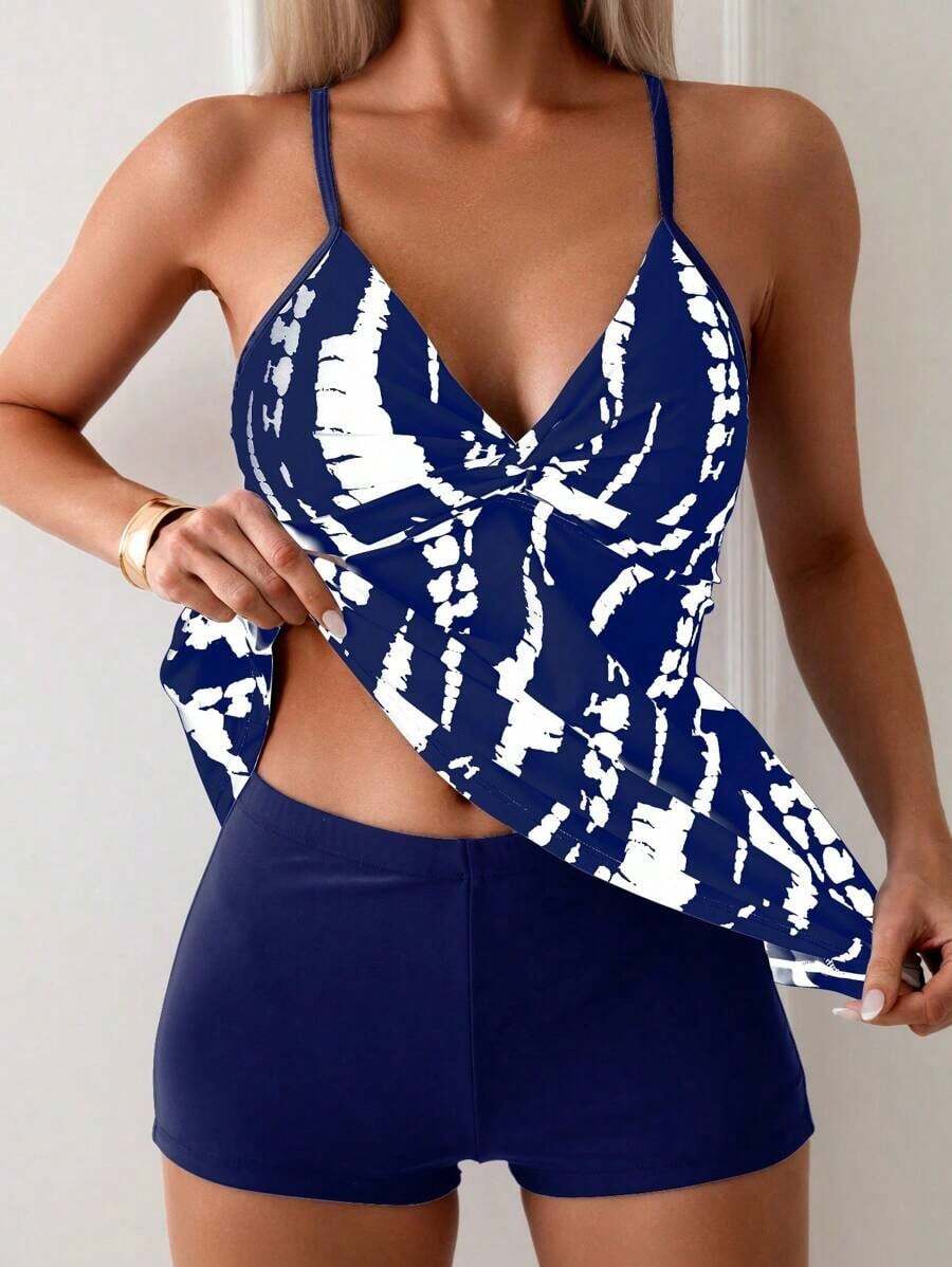 Women's Summer Beach Tie-Dye Printed Twisted Strap Tank Top And Solid Color Square Shorts Tankini Set (Random Print) J2LF - Màu xanh hải quân - Xem 1