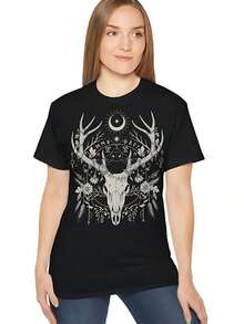 1 Women's Gothic Graphic T-Shirt With Skulls And Deer For Day Of The Dead, Soft And Breathable, Short Sleeve, Perfect For Everyday Wear, Outdoor Activities, Travel And Casual Style, With A Comfortable Fit All Day Long! 180g 100% Cotton, Designs Are Fully Printed. Unisex. - 黑色 2 - 查看 12