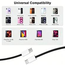 USB-C 快充線 兼容 17/16/15，USB-C 轉 Type-C 充電與數據線 (3.3/6.6/10英尺 尼龍編織) 用於室內/室外/旅行和車內，快充兼容 17/16/15/Pro/Pro Max，Android 手機 - 黑色 - 查看 6