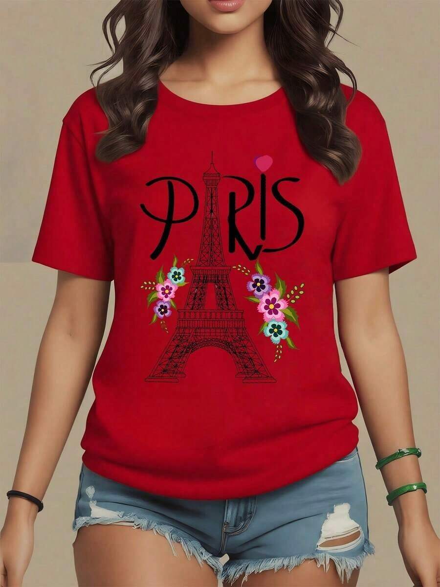 The Image Shows The Eiffel Tower Surrounded By Colorful Flowers That Symbolize The Romance And Elegance Of Paris. 100% Cotton Women's Round Neck T-Shirt, Comfortable And Casual, Maija Women's Curvy. - 紅色 - 查看 1