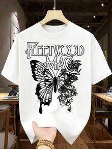 Camiseta de Cuello Redondo para Mujer, 1 Pieza, 100% Algodón, 180g, Estampado de Mariposa de la Banda Fleetwood, Estilo Vintage Urbano, Unisex, Holgada, de Manga Corta, 100% Algodón Puro - Blanco - Ver 1