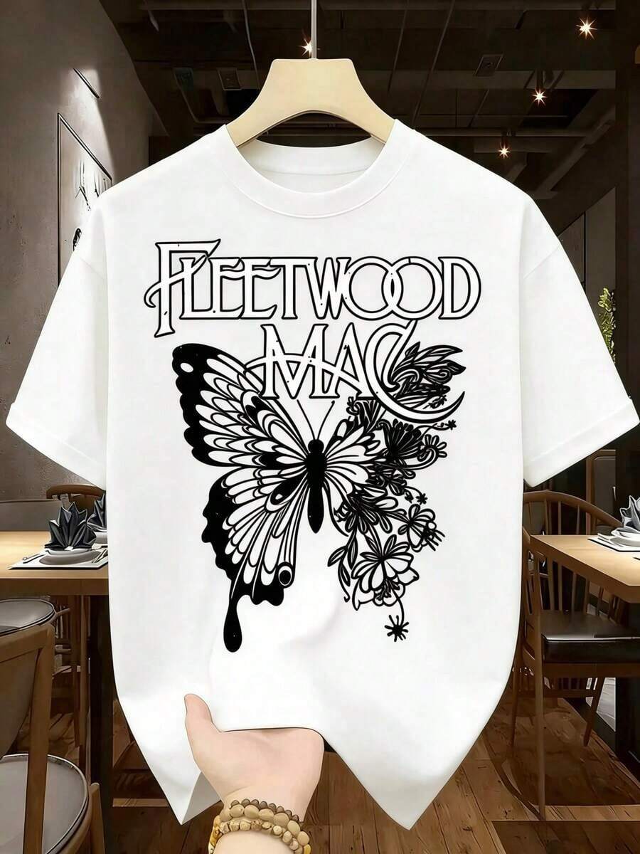 Camiseta de Cuello Redondo para Mujer, 1 Pieza, 100% Algodón, 180g, Estampado de Mariposa de la Banda Fleetwood, Estilo Vintage Urbano, Unisex, Holgada, de Manga Corta, 100% Algodón Puro - Blanco - Ver 1
