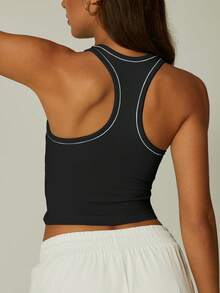 NcmRyu 1 pieza Camiseta deportiva de mujer de cuello redondo, ajustada y corta, con contraste de color, de espalda de tirantes, suave y cómoda - Negro - Ver 2