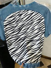Camiseta casual de mujer de cuello redondo y manga corta con estampado de letras y rayas - Multicolor - Ver 2