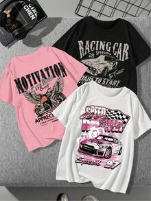 Conjunto de camiseta casual de una pieza, con diseños de coches de carreras, motocicletas y coches clásicos, diseñado específicamente para mujeres, perfecto para usar en verano. - Negro - Ver 2