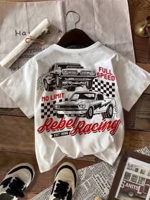 1 camiseta vintage con temática de carreras - Camiseta casual de manga corta con cuello redondo, con diseños de "carreras" y "motivación", un imprescindible de verano, con un tema de gratitud y fuerza, cómoda para el uso diario. |   Impresión de Coche Clásico |   Camiseta de cuello redondo - Blanco - Ver 2