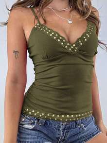 Top de tirantes finos estilo Y2K, de color sólido, sin espalda, ajustado y sexy, con encaje, estilo urbano para graduaciones, ideal para la playa en verano, citas, festivales de música, 4 de julio y más ocasiones informales. - Verde militar - Ver 9