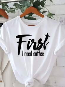 Camiseta de manga corta con estampado "I Need Coffee" para mujer - Top casual de cuello redondo semitransparente con estampado geométrico, lavable a máquina, corte regular, para primavera, verano y todas las estaciones, camisetas para mujer, comodidad diaria, tela transpirable, textura elegante, camiseta Y2k. - Blanco - Ver 1