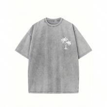 Camiseta de Algodón Puro de 230g con Estampado Creativo "Coconut Tree LOGO", Hombros Caídos, Estilo Oversize, Lavada, Retro Urbana para Hombre, Básica, Holgada, Estilo Hip-hop, Unisex, Lavado Ácido - Camiseta gris lavada - Ver 4