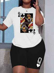 Women's Short Sleeve Cotton T-Shirt - Casual Set Of Printed Black Crop Top + Shorts With Letter And Queen Playing Card Print. - 白色 - 查看 4