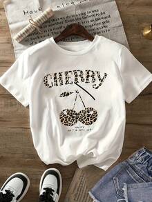 Camiseta de algodón de manga corta para mujer con estampado de cerezas, top de moda con cuello redondo y manga corta para mujer - Blanco - Ver 1