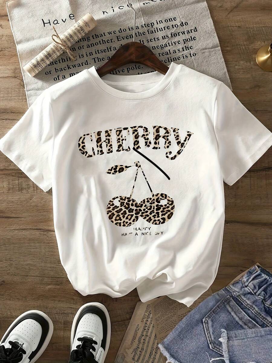 Camiseta de algodón de manga corta para mujer con estampado de cerezas, top de moda con cuello redondo y manga corta para mujer - Blanco - Ver 1