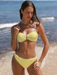 Swim Conjunto de bikini de verano para mujer de unicolor con pliegues y sexy - Amarillo - Ver 8