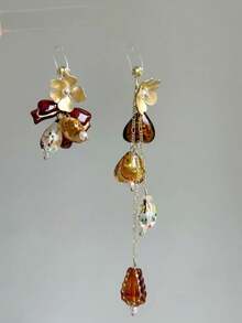 1 Pair Of Asymmetrical Floral Dangle Earrings: Boho Statement Jewelry, Warm Tones, Elegant Movement - Multicolor - View 1
