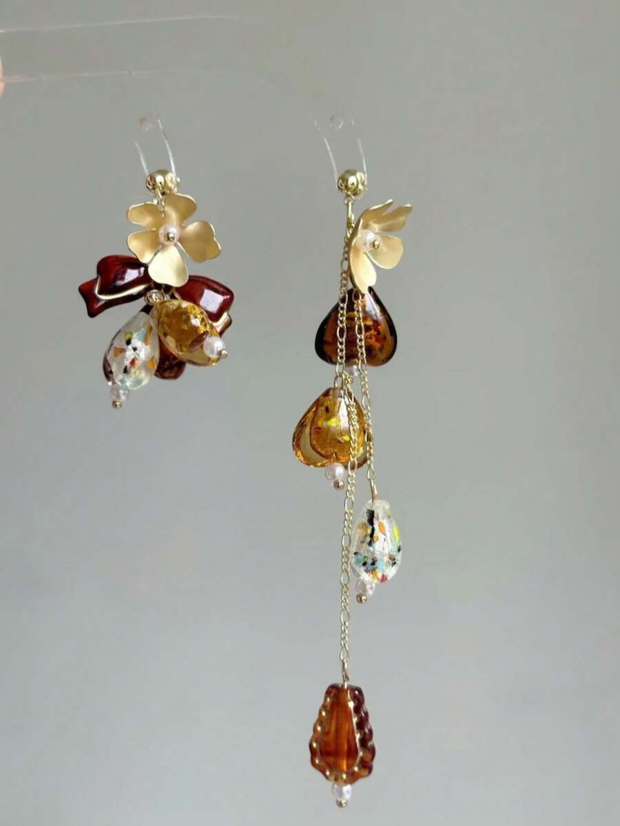 1 Pair Of Asymmetrical Floral Dangle Earrings: Boho Statement Jewelry, Warm Tones, Elegant Movement - Multicolor - View 1