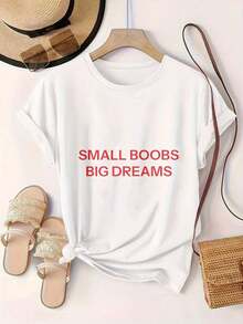 Women's Casual Short Sleeve T-Shirt - Round Neck, "Small Boobs Big Dreams" Print, Summer Top, Machine Washable, Ladies' T-Shirts, Casual Wear, Modern Style, Comfortable Fit

-White - 白色 - 查看 2